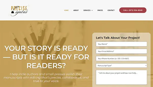 GoDaddy-hosted WordPress website design and SEO for Precise Syntax, a professional editing and proofreading service for indie authors and academic publishers