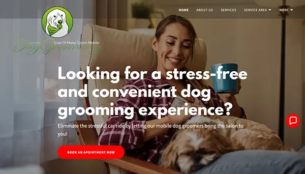 GoDaddy Website Builder design and SEO optimization for Coat of Many Colors, a mobile dog grooming business in Nashville, serving the communities of Donelson, Hermitage, Old Hickory, Mt Juliet &amp; Lebanon, TN
