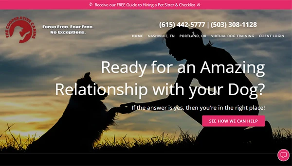 GoDaddy Website Builder design and SEO optimization for The Cooperative Canine, a dual-location dog training and pet sitting business in Nashville and Portland
