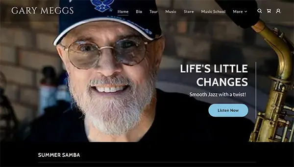 GoDaddy Website Builder design and e-commerce site for Gary Meggs, a jazz saxophone musician and recording artist perfomring in Arkansas, Texas and Oklahoma